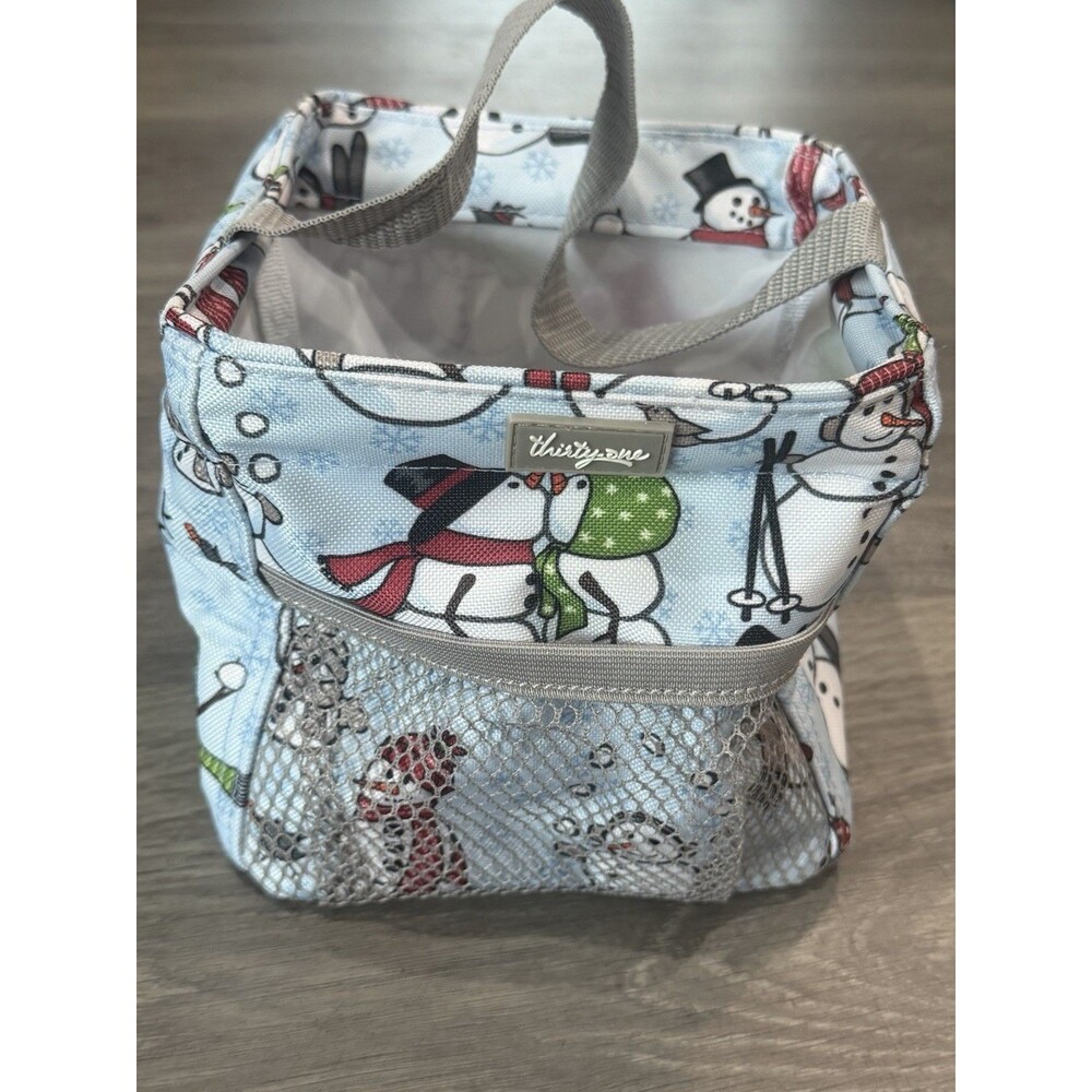 Thirty-One Snowman Print Storage Basket w/ Handle & Front Mesh Pocket 6x6in